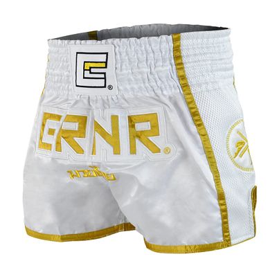 CRNR Muay Thai Shorts | Kickboxing Thai Boxing MMA Training Competition Athletic Shorts | White/Gold | Youth Small