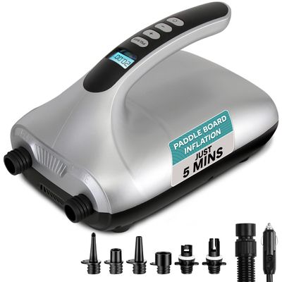 SereneLife Electric Paddle Board Pump - Portable 20 PSI Dual-Stage Air Compressor for Super Fast Inflation and Deflation, Auto-Off, LCD Display and 12V Car Connector - for SUP, Boats & Inflatables