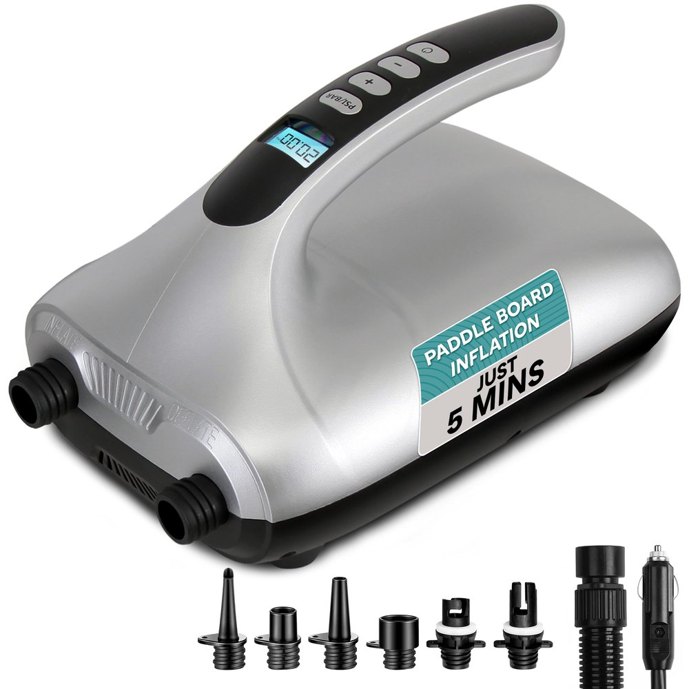 SereneLife Electric Paddle Board Pump - Portable 20 PSI Dual-Stage Air Compressor for Super Fast Inflation and Deflation, Auto-Off, LCD Display and 12V Car Connector - for SUP, Boats & Inflatables
