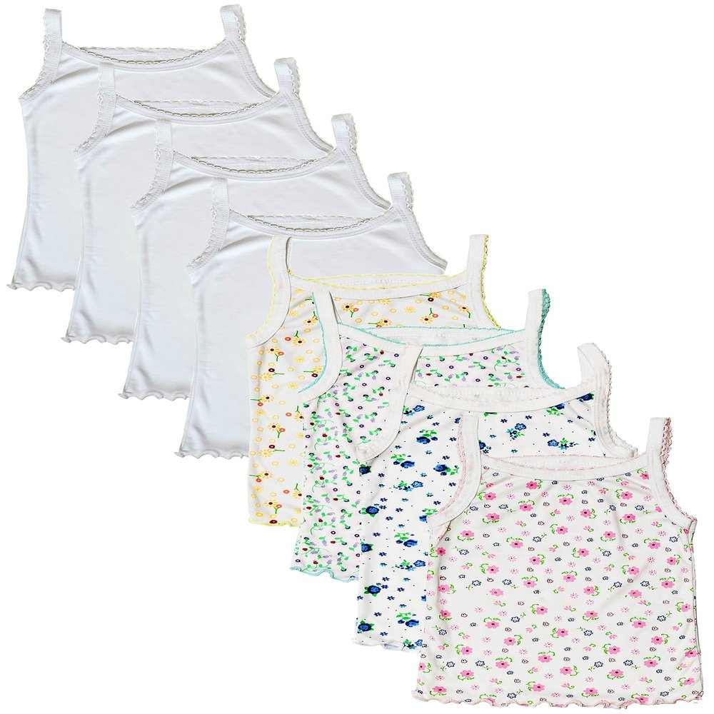 B-One Kids Girls Tank Top Camisoles, Pack of 8, White and Floral Print, Sleeveless Cotton Undershirts (US, Age, 5 Years, Mixed Cami)