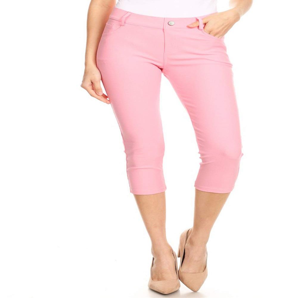 YELETE Women's Classic Basic Five Pockets Solid Capri Skinny Jeggings Color LIGHT PINK Size S