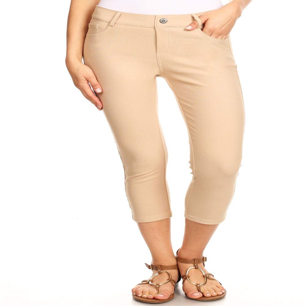 YELETE Women's Classic Basic Five Pockets Solid Capri Skinny Jeggings Color CAMEL Size L
