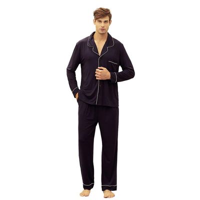 7 VEILS Mens Viscose Made from Bamboo Pajama Set Sleepwear Button-Down Long Sleeve Pj Set (XL) Navy Blue