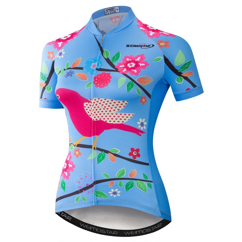 Women Cycling Jersey Short Sleeve MTB Bike Clothing Road Bicycle Shirt Flowers Blue Size XL