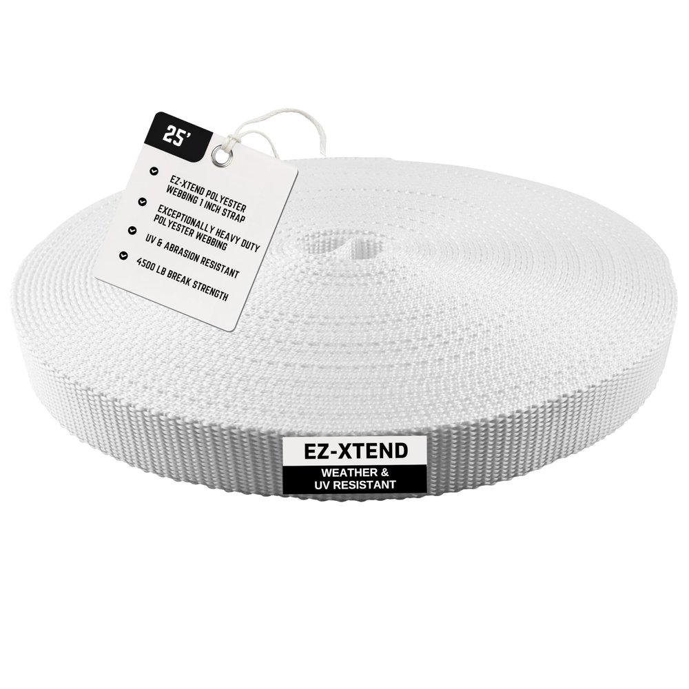 EZ-Xtend Polyester Webbing 1 inch Strap  Heavy Duty Polyester Strapping Outlasts & Outperforms Nylon Webbing Straps and Polypropylene Webbing Strap - 4500 Lb. Breaking Strength (White, 1" x 25 yards)