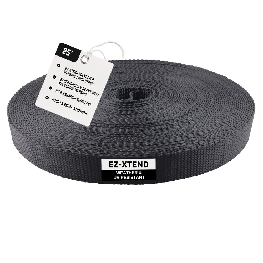 EZ-Xtend Polyester Webbing 1 inch Strap  Heavy Duty Polyester Strapping Outlasts & Outperforms Nylon Webbing Straps and Polypropylene Webbing Strap - 4500 Lb. Breaking Strength (Black, 1" x 25 yards)