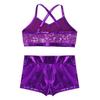 dPois Kids Girls Dance Outfit Strappy Crop Top Sequin Dance Tank and Shiny Metallic Shorts Set Hip Hop Streetwear Purple 5-6 Years view 4