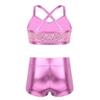 dPois Kids Girls Dance Outfit Strappy Crop Top Sequin Dance Tank and Shiny Metallic Shorts Set Hip Hop Streetwear Pink 8-10 Years view 2
