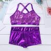 Agoky Kids Girls' Top and Booty Shorts Ballet Dance Gymnastics Sports Leotard or Swimwear Swimming Costumes Purple Shiny 10-12 view 3