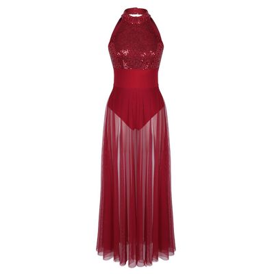 iiniim Women Sequins Lyrical Dance Costume Mesh Overlay Dress Ballet Leotard Dresses Flowy Split Skirt Burgundy Large
