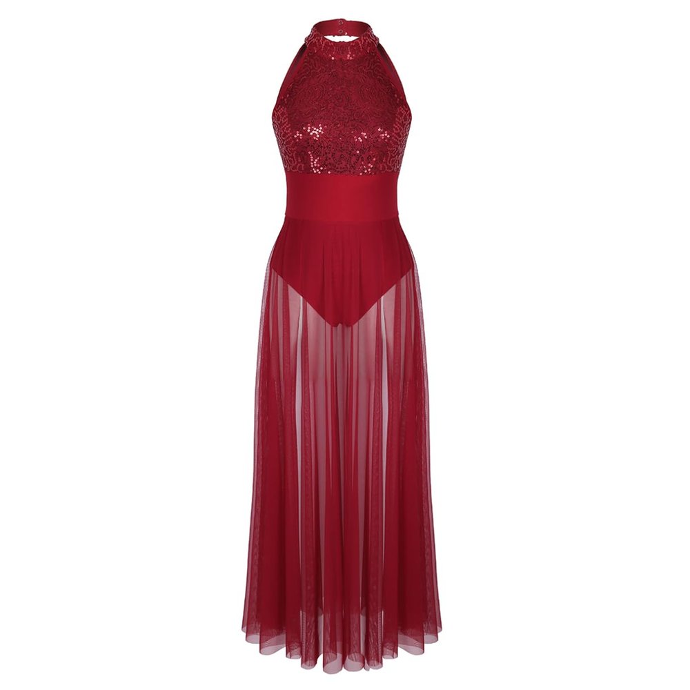 iiniim Women Sequins Lyrical Dance Costume Mesh Overlay Dress Ballet Leotard Dresses Flowy Split Skirt Burgundy Large