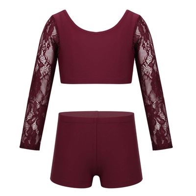 Agoky Girls Two-Piece Active Sports Dance Outfit Lace Crop Top with Bottoms Shorts Dancing Costumes Stage Performance Burgundy 14