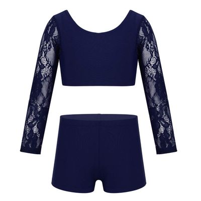 Agoky Girls Two-Piece Active Sports Dance Outfit Lace Crop Top with Bottoms Shorts Dancing Costumes Stage Performance Navy_Blue 14