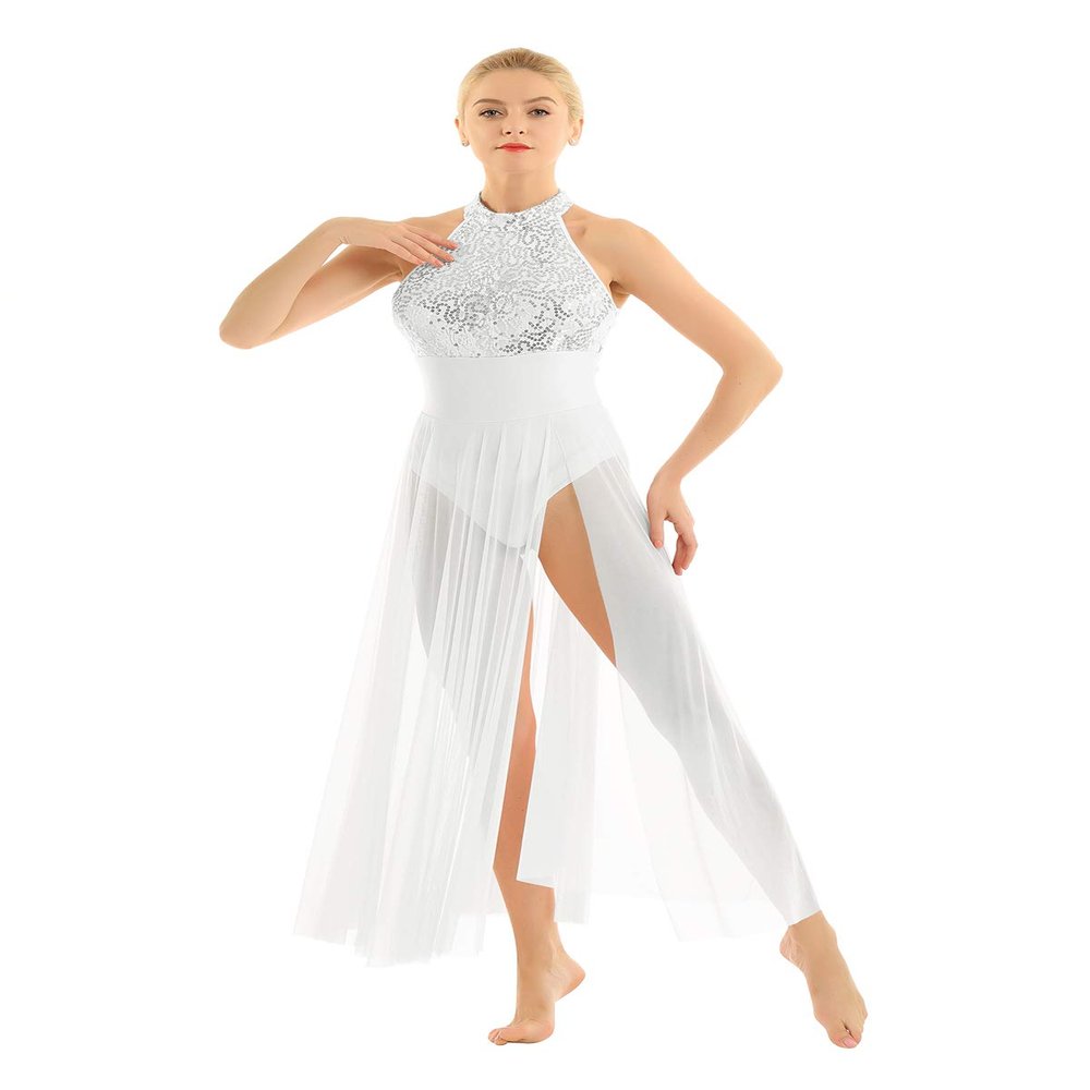 TiaoBug Women's Lyrical Dance Dress Sequins Ballet Leotard Split Skirt Modern Contemporary Dancewear White Large