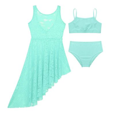 Alvivi Big Girl Floral Lace Ballet Lyrical Dance Dress Gymnastics Leotard Irregular High-Low Skirt with Bra Top and Briefs Set Mint_Green 3-4