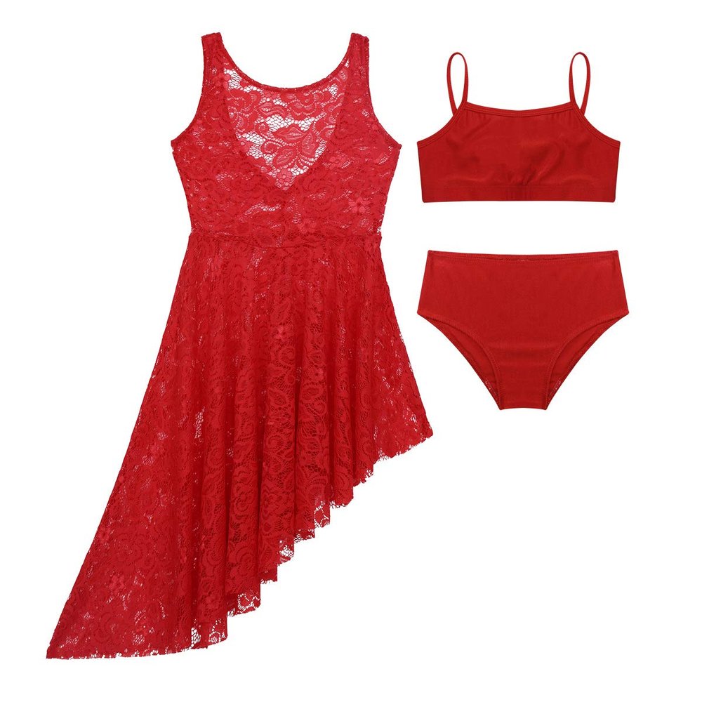 Alvivi Big Girl Floral Lace Ballet Lyrical Dance Dress Gymnastics Leotard Irregular High-Low Skirt with Bra Top and Briefs Set Red 3-4