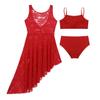 Alvivi Big Girl Floral Lace Ballet Lyrical Dance Dress Gymnastics Leotard Irregular High-Low Skirt with Bra Top and Briefs Set Red 3-4 view 1