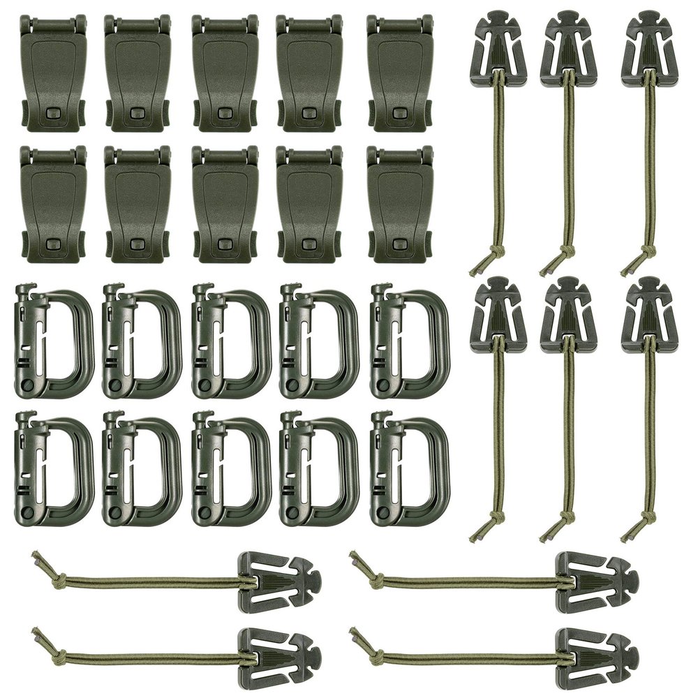 BOOSTEADY Kit of 30 Attachments for Molle Bag Tactical Backpack Vest Belt,D-Ring Grimloc Locking Gear Clip, Web Dominator Elastic Strings, Strap Management Tool Buckle