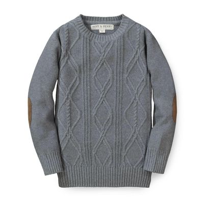 Hope & Henry Boy Baby Boys' Crewneck Cable Sweater with Elbow Patches, 6-12 Months, Gray Heather Cable