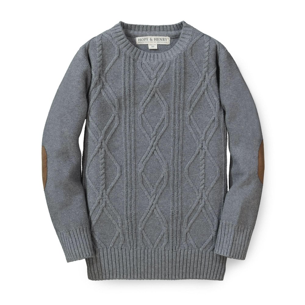 Hope & Henry Boy Baby Boys' Crewneck Cable Sweater with Elbow Patches, 6-12 Months, Gray Heather Cable