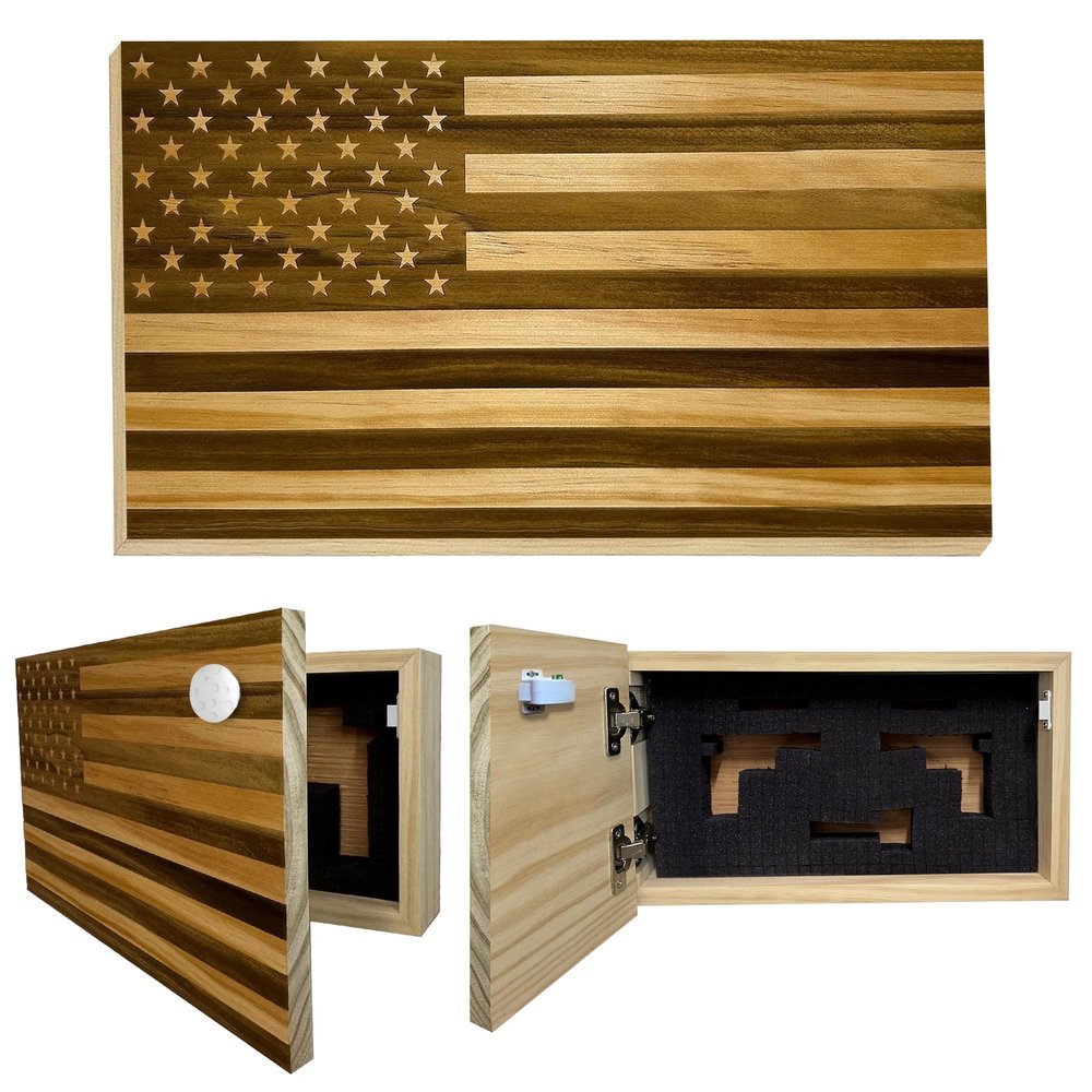 American Flag Hidden Gun Safe - Quick Access Hidden Gun Shelf - Concealment Shelf with Magnetic Lock - Wall Gun Safe for Secure Firearm Storage - Handcrafted In USA by Bellewood Designs (Natural)