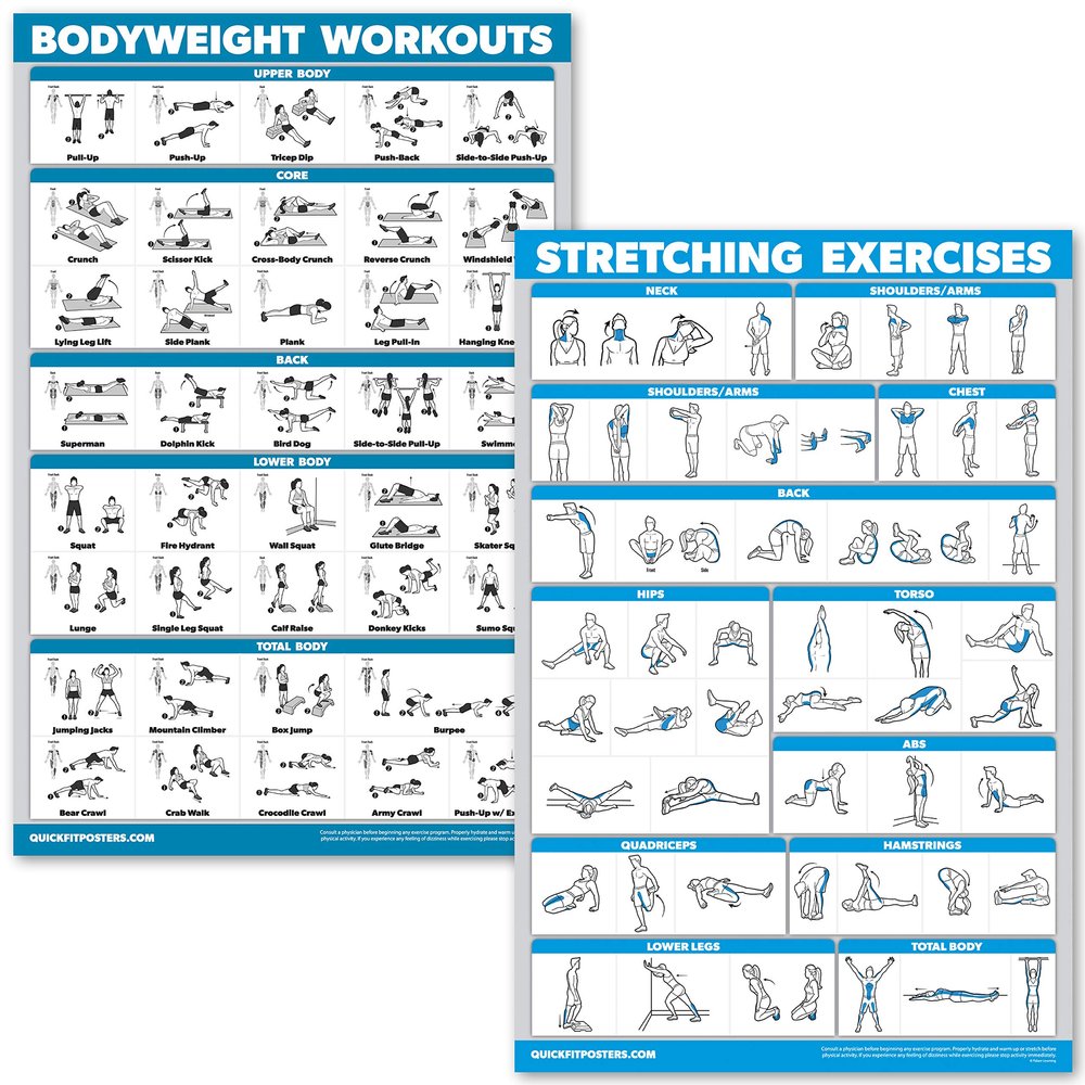 QuickFit Bodyweight Workouts and Stretching Exercise Poster Set - Laminated 2 Chart Set - Body Weight Exercise Routine & Stretching Workouts (18" x 24")