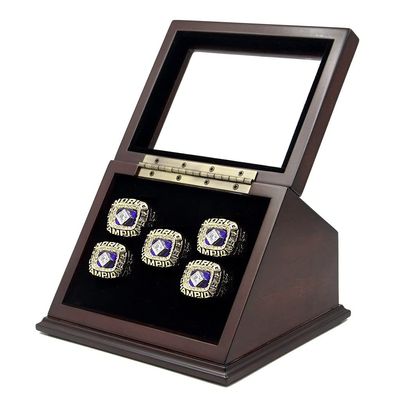 5 Slots Championship Ring Wooden Display Case Shadow Box With Slanted Glass Window for Football, Basketball, Hockey, Sports - Rings Not Included