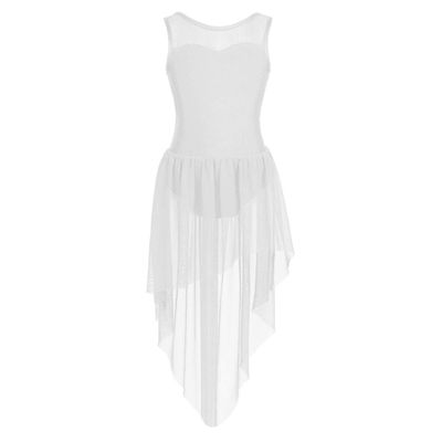 Agoky Kids Girls Halter Sequin Mesh Patchwork Leotard Chiffon Irregular Hem Dance Dress Lyrical Contemporary Dancewear White Tulle Splice 8