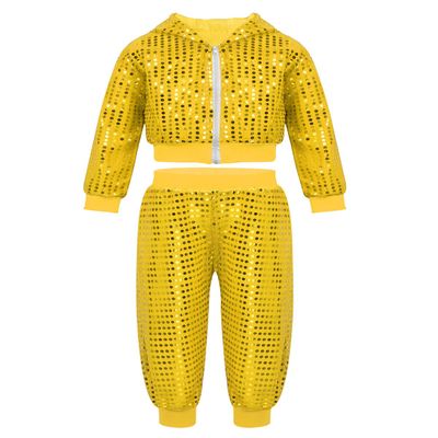 Agoky Boys Girls Sequins Jacket Coat Hooded Crop Top Pants Set Street Dance Outfits Hip Hop Jazz Dance Performance Costume Yellow 4-5 Years