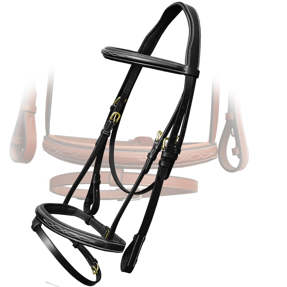 ExionPro Exion English Jumping Bridle with Flash & Rubber Reins  Anatomical Padded Horse Bridle  Premium Leather Designer Stitched Hunter Jumper Tack  Brass Buckles  Pony, Cob, Full, Warmblood