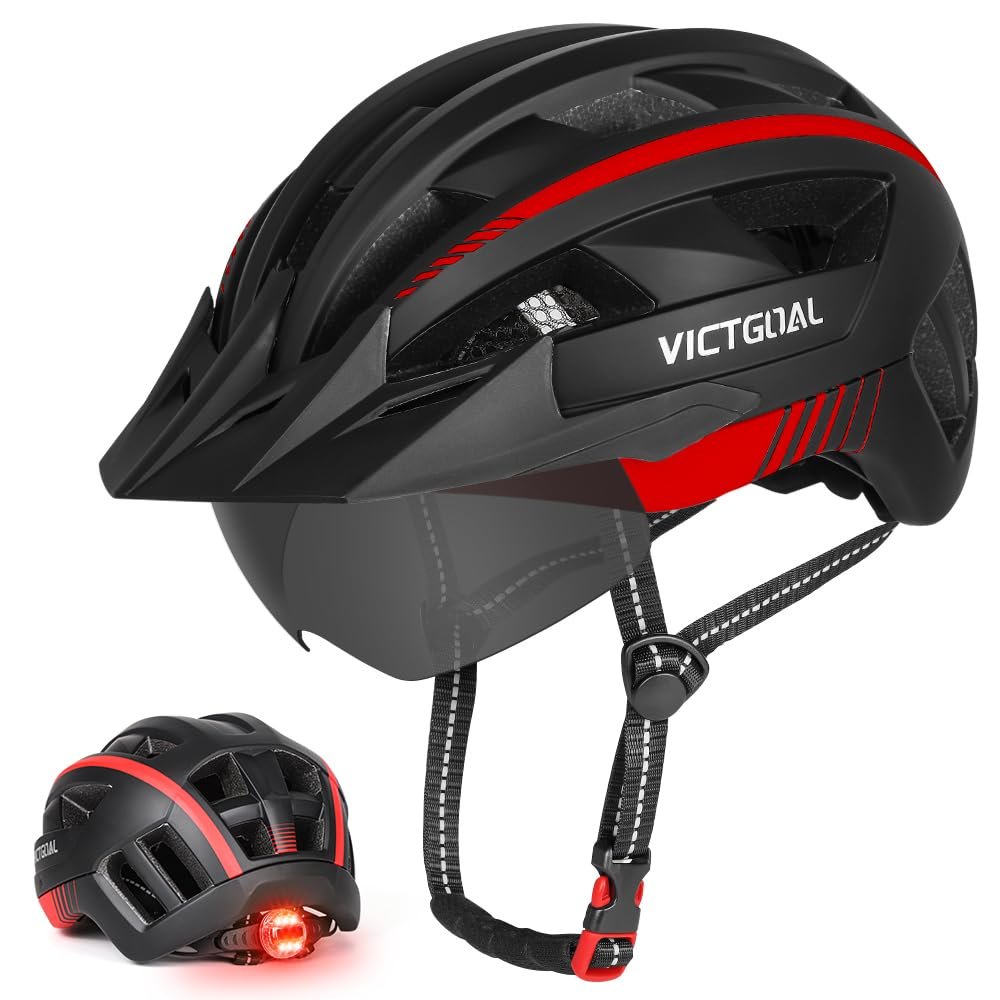 VICTGOAL Bike Helmet for Men Women with Led Light Detachable Magnetic Goggles Removable Sun Visor Mountain & Road Bicycle Helmets Adjustable Size Adult Cycling Helmets (L: 57-61 cm, Black Red)
