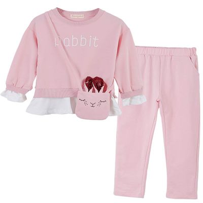 Urtrend Little Girls' Kids Long Sleeve Top Pants Leggings Set Outfits(150,Rabbit Pink)