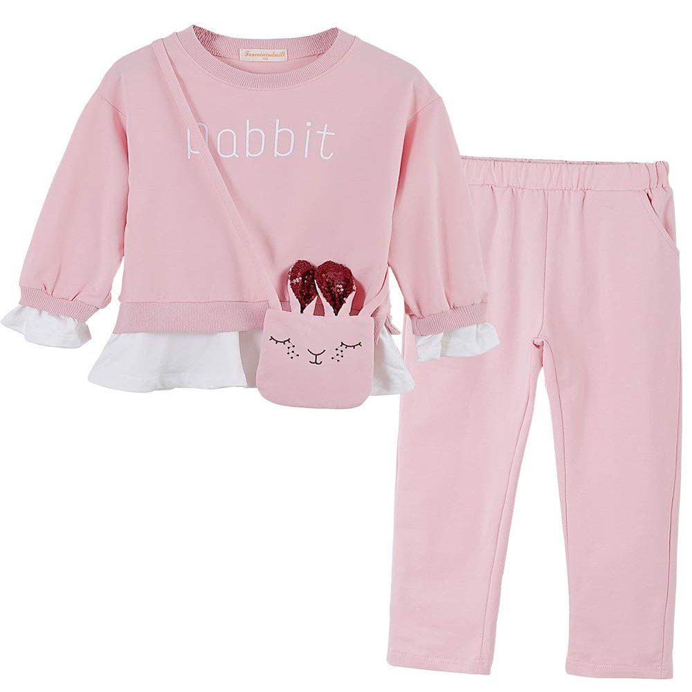 Urtrend Little Girls' Kids Long Sleeve Top Pants Leggings Set Outfits(150,Rabbit Pink)