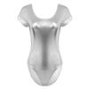 YOOJIA Women's Shiny Metallic Liquid Short Sleeve Gymnastic Dance Leotard Bodysuit Dancewear Silver Large view 3
