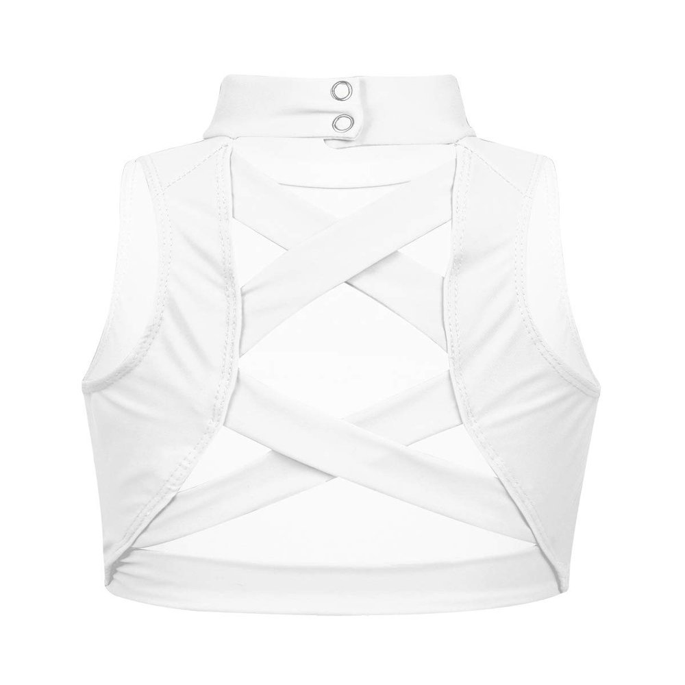 ranrann Girls Ballet Dance Top Active Sports Bra Shirt Exercise Training Workout Mock Neck Criss-Cross Back Crop Top Ivory 14