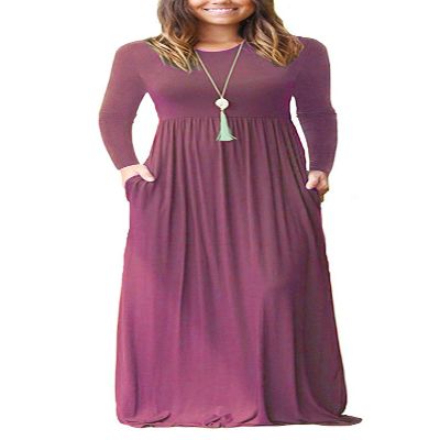AUSELILY Maxi Dress for Women Casual Long Sleeve Crewneck Empire Waist Long Dresses with Pockets 2026 Mauve2 M