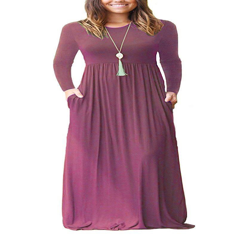 AUSELILY Maxi Dress for Women Casual Long Sleeve Crewneck Empire Waist Long Dresses with Pockets 2026 Mauve2 M