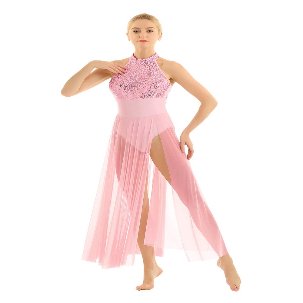 TiaoBug Women's Lyrical Dance Dress Sequins Ballet Leotard Split Skirt Modern Contemporary Dancewear Pink Small