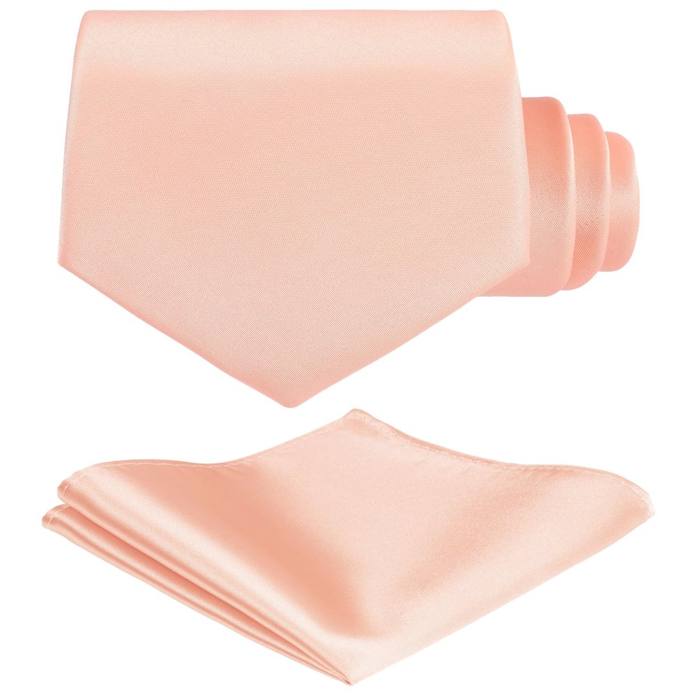 TIE G Solid Satin Woven dyed Color Formal Black Necktie and Pocket Square Sets in Gift Box (Peach Puff)