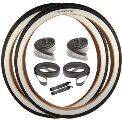 OEM Beach Cruiser 927 Durable Wire Bead White Sidewall Whitewall 26 x 2.125 Replacement Bike Tire Tube Rim Strip Lever Kit Bundle