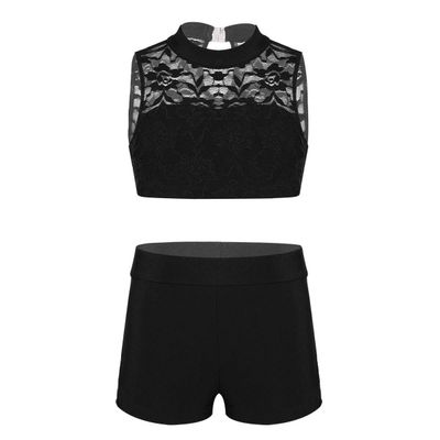 dPois Kids Girls 2 Piece Dance Outfit Floral Lace Tank Dance Crop Top Bra and Ballet Shorts Gymnastics Boyshorts Set Black 5-6