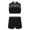 dPois Kids Girls 2 Piece Dance Outfit Floral Lace Tank Dance Crop Top Bra and Ballet Shorts Gymnastics Boyshorts Set Black 5-6 view 1