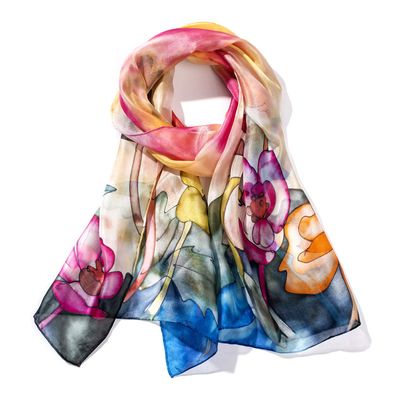 Invisible World Women's Silk Scarf for Hair Hand Painted Floral Poppy Garden