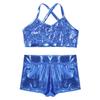 dPois Kids Girls Dance Outfit Strappy Crop Top Sequin Dance Tank and Shiny Metallic Shorts Set Hip Hop Streetwear Light_Blue 8-10 Years view 3