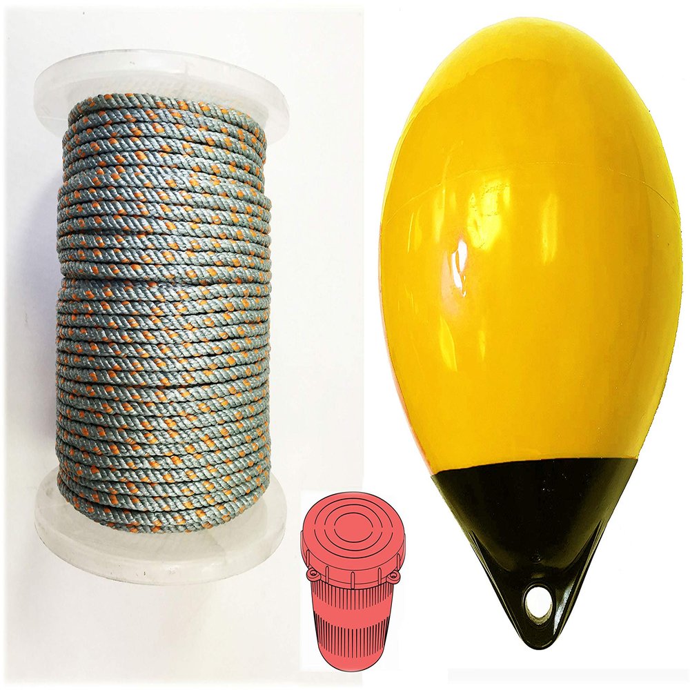 KUFA Sports Prawn Trap Accessory Combo, 1/4 x 400' Lead core Rope,12" Heavy Duty Yellow Buoy & Vented Bait Jar (LQ4+HB5+A30Y)