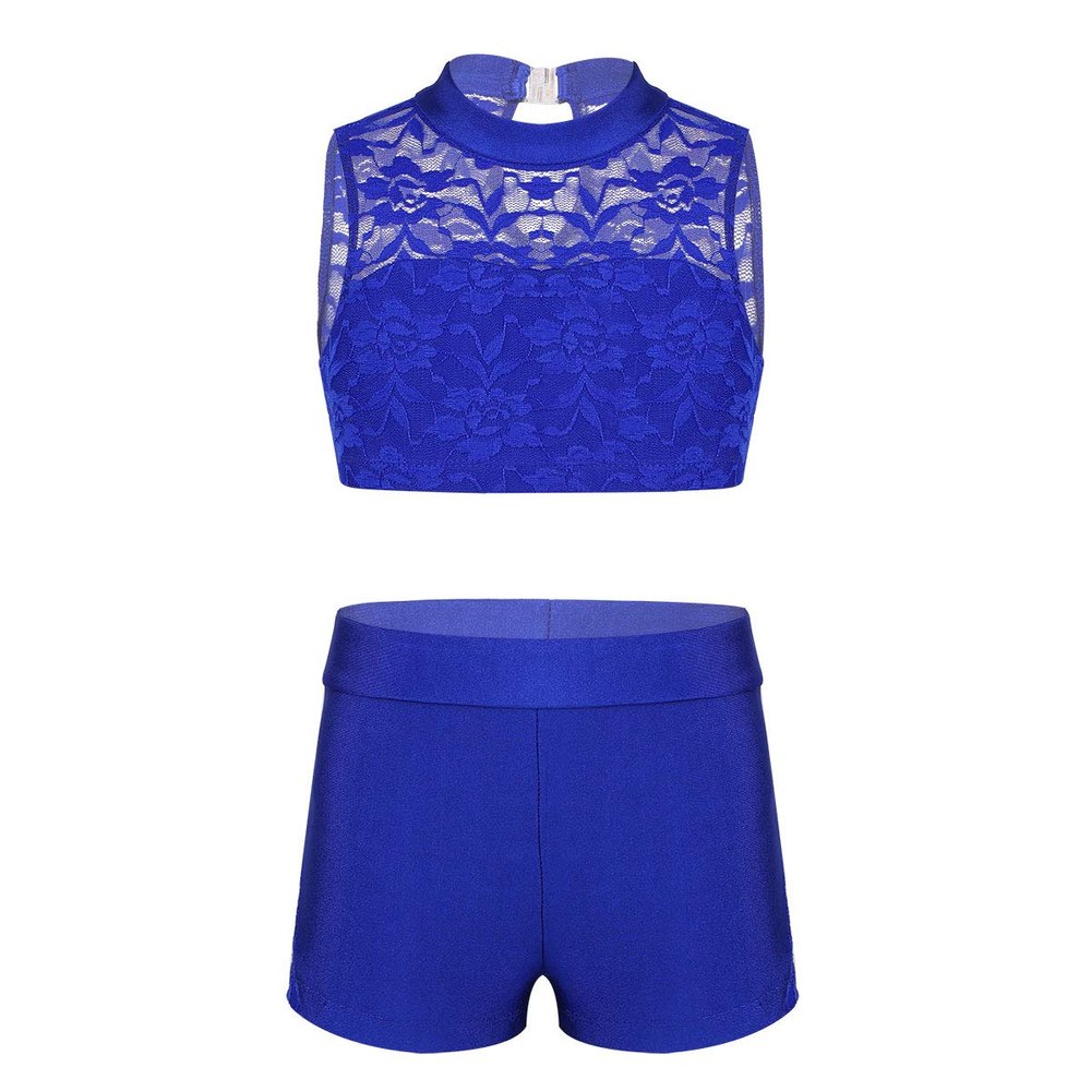 Agoky Kids Girls' Top and Booty Shorts Ballet Dance Gymnastics Sports Leotard or Swimwear Swimming Costumes Blue Floral Lace 14