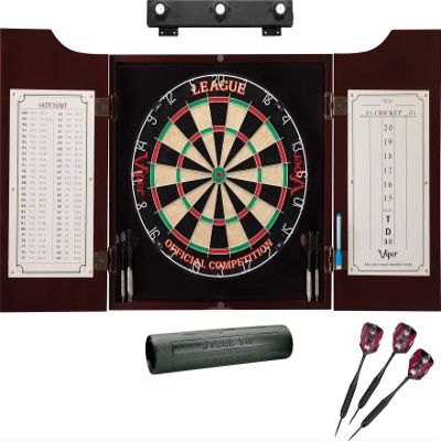 Viper League Sisal Dartboard, Hudson Mahogany Cabinet, Shadow Buster Dartboard Lights & Padded Dart Mat
