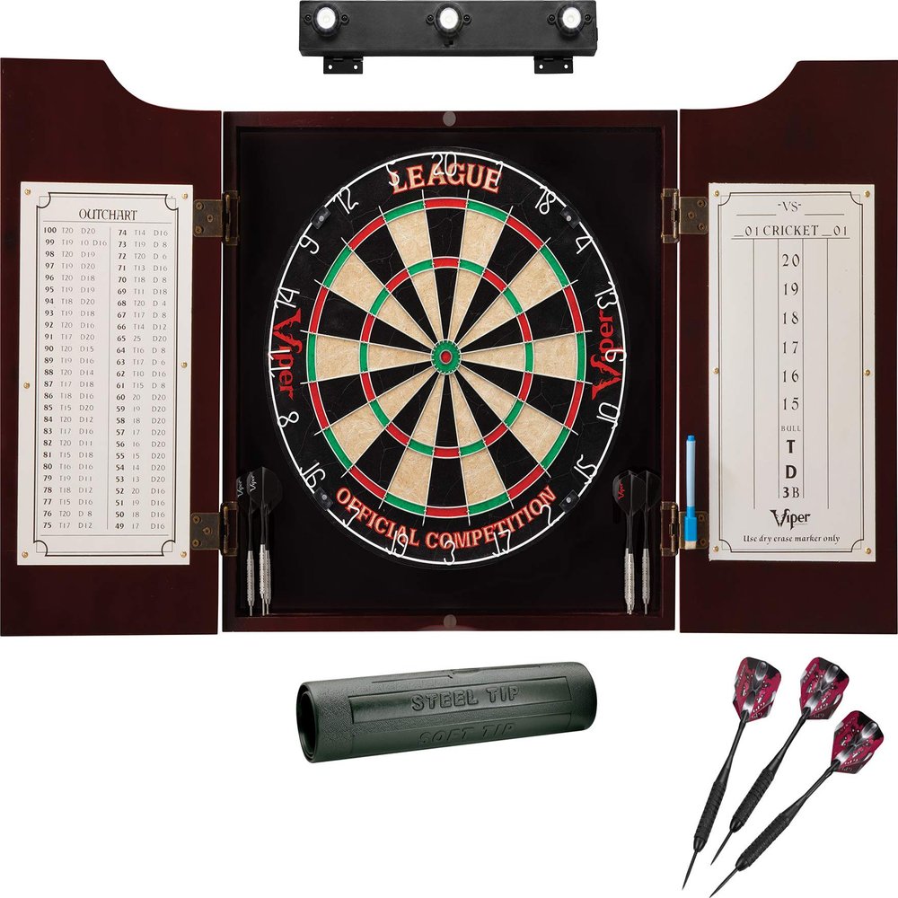 Viper League Sisal Dartboard, Hudson Mahogany Cabinet, Shadow Buster Dartboard Lights & Padded Dart Mat
