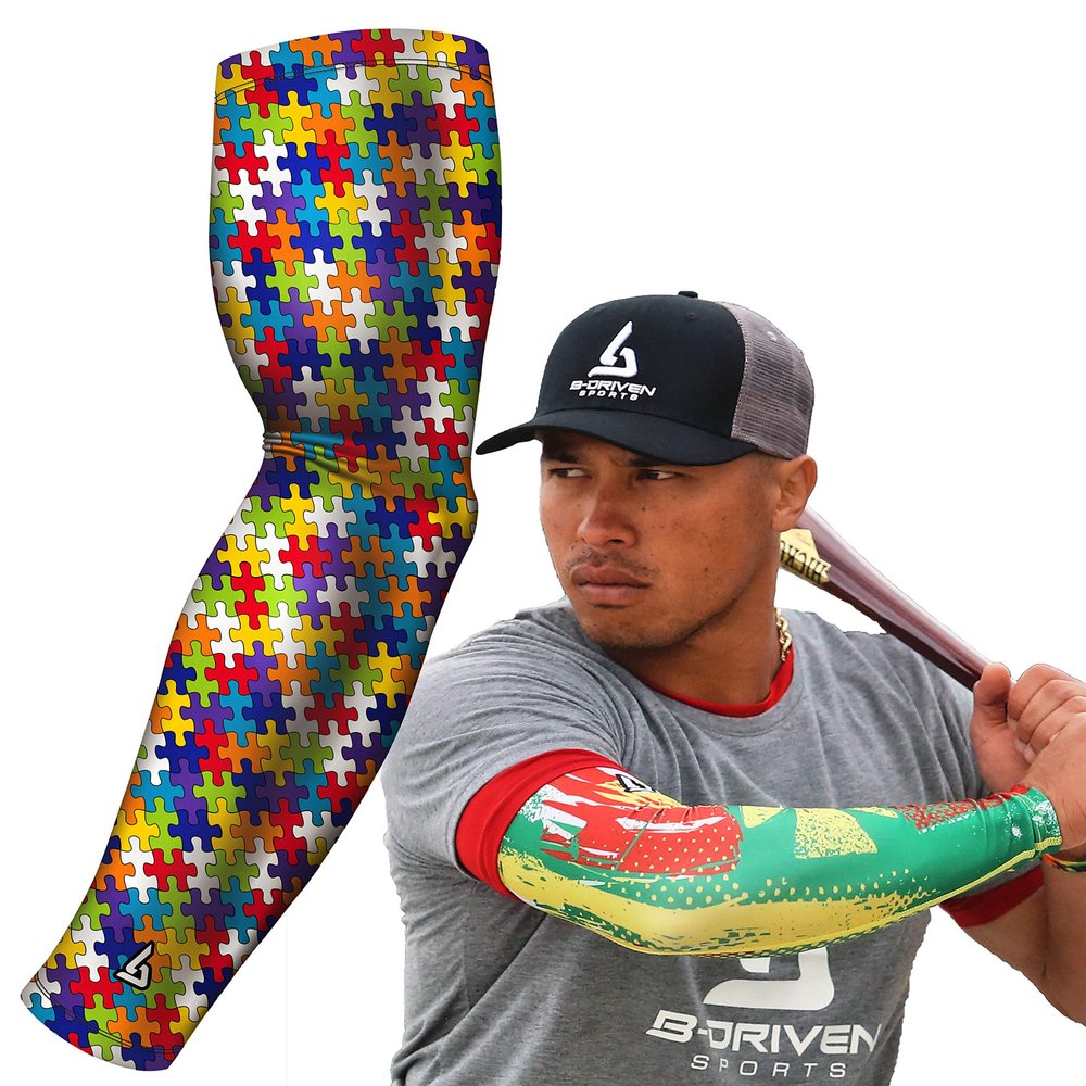 B-Driven Sports Pro-Fit Compression Arm Sleeve for Baseball, Basketball, Football - Muscle-Tendon, Bruising Reduction - Athletic, Men, Women, Youth, Kids - Autism XXS (YSTD) - 1 Pc