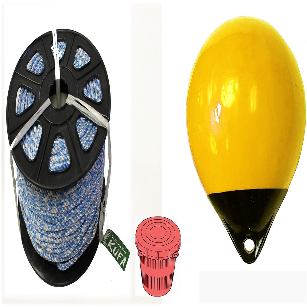KUFA Sports Prawn Trap Accessory Combo, 1/4 x 400' Non-Lead core Rope,12" Heavy Duty Yellow Buoy & Vented Bait Jar (SL4+HB5+A30Y)